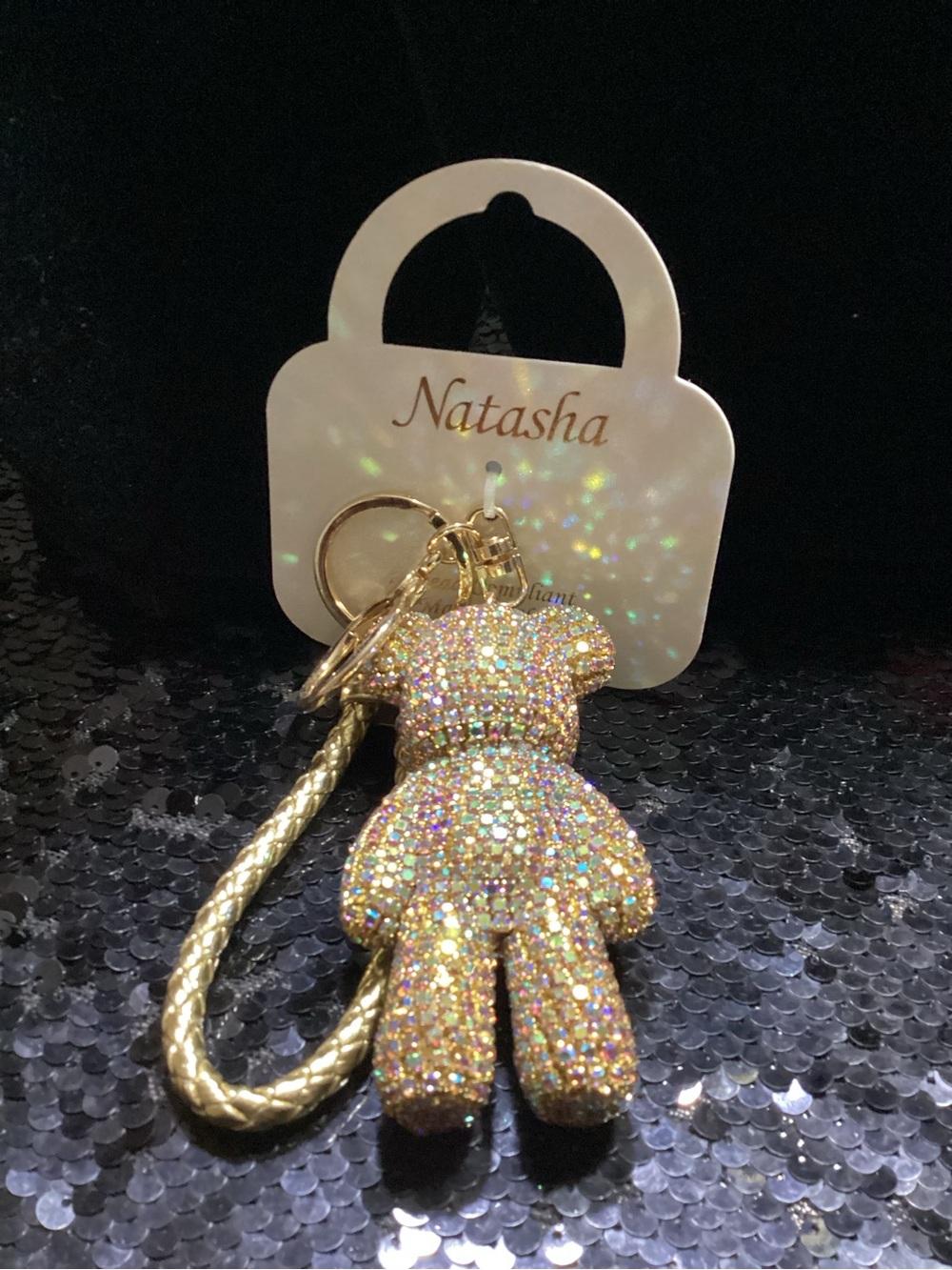 Natasha Couture Gold Glitter Teddy Bear Bag Charm Keyring